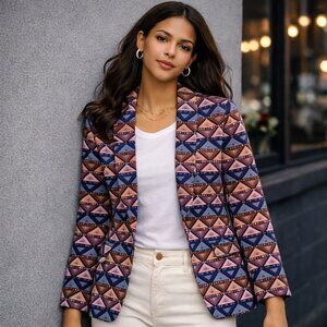 Dee Elly Geometric Print Blazer Pink Blue Tribal Pattern Statement Jacket